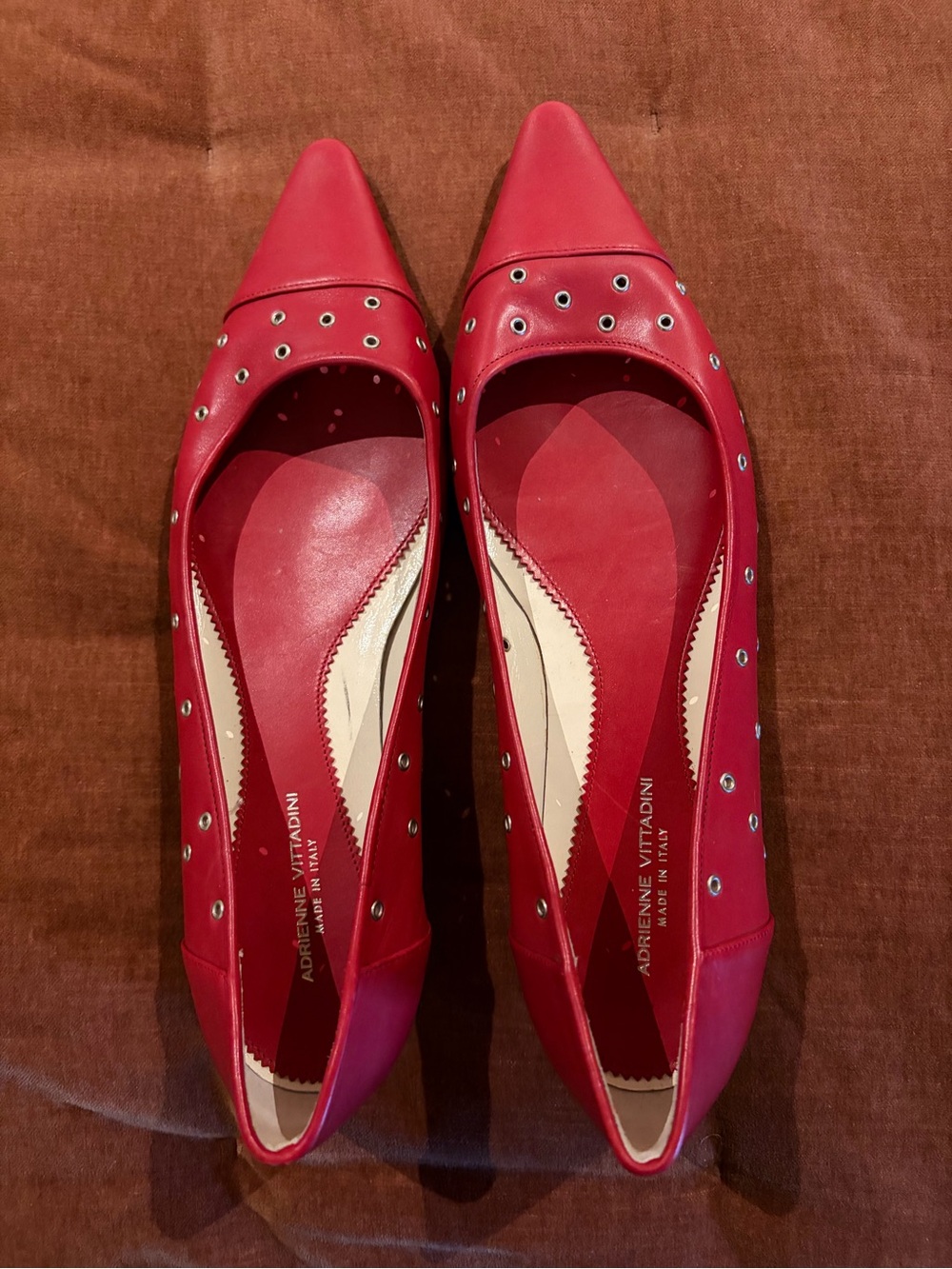 NWOT, 8, Adrienne Vittadini Red Pointed Toe Flats with Silver Grommets